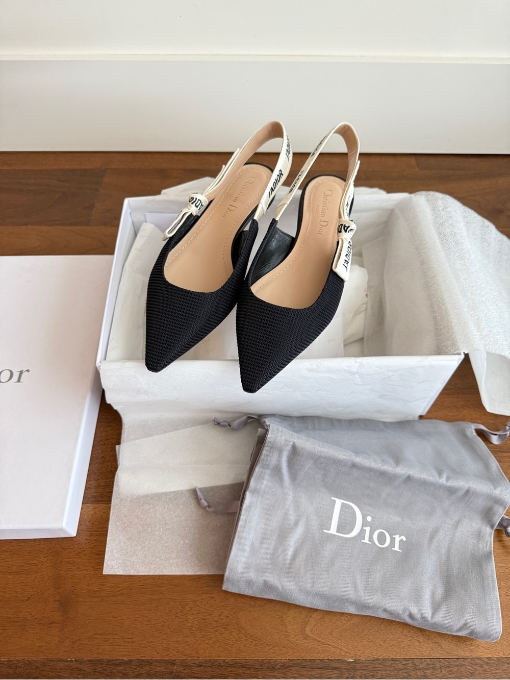 Authentic Dior J'Adior Black Pointed Slingback Flats with Logo Strap